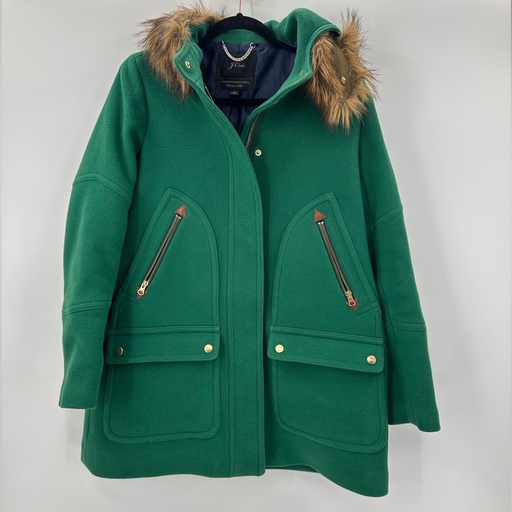 J. Crew Green Stadium Cloth Nello Gori Wool Pea Coat with Faux Fur Trim 8 Winter - Picture 3 of 7